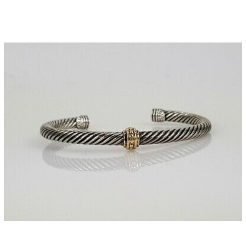 David Yurman 14K Gold Station Sterling Silver 5mm Cable Bangle Bracelet